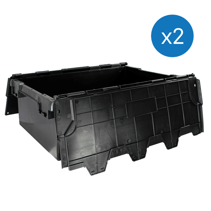 131 litre Attached Lid Euro Container in black on a white background. Lid is open. The box is 800x600x310mm