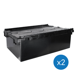 60 litre Attached Lid Euro Container in black on a white background. Lid is closed showing the fingers which interlink to allow it to lock. The box is 600x400x310mm. A blue circle in the lower right corner featuring white text saying "X2"