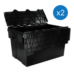 71 litre Attached Lid Euro Container in black on a white background. Lid is half open, showing  the fingers which allow the lid to interlock. The box is 600x400x365mm. In the upper right corner is a blue circle containing the text "X2"