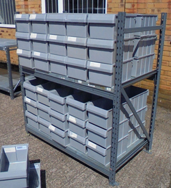 USED H/DUTY RACK c/w 60 LARGE H/DUTY POLYPROP STORAGE BIN