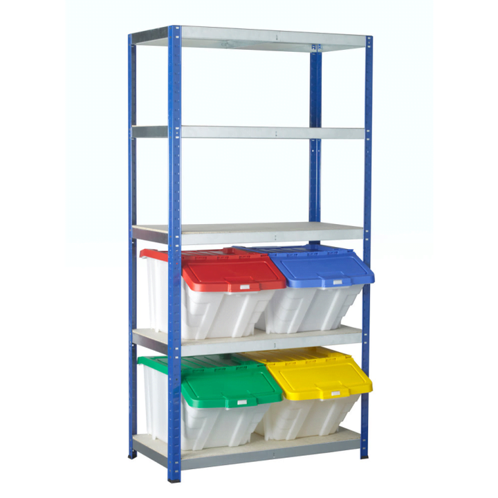 5 level shelving bay with blue uprights and metal edged shelves over a white back ground. On the bottom 2 shelves sit white plastic storage boxes with a slopped front access hatch in the lid. There is a lid of each colour; red, blue, green and yellow.