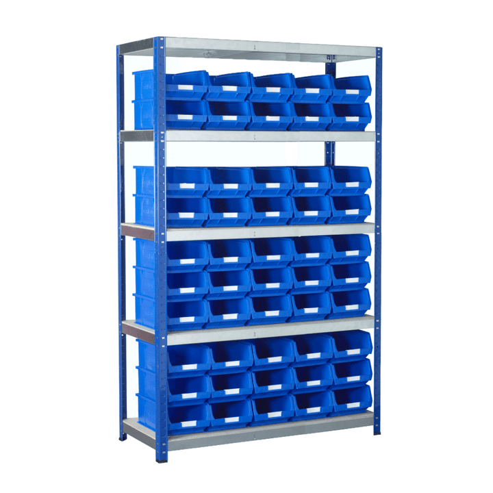 a 5 shelf shelving unit over a white background. horizontal shelves with polished metallic faces and a white surface and the unit uprights are blue. On the shelves are blue TC4 containers with white blank labels, 5 across and 3 up on the bottom 2 shelves, and 2 up on shelves 3 & 4 with nothing on the very top shelf.