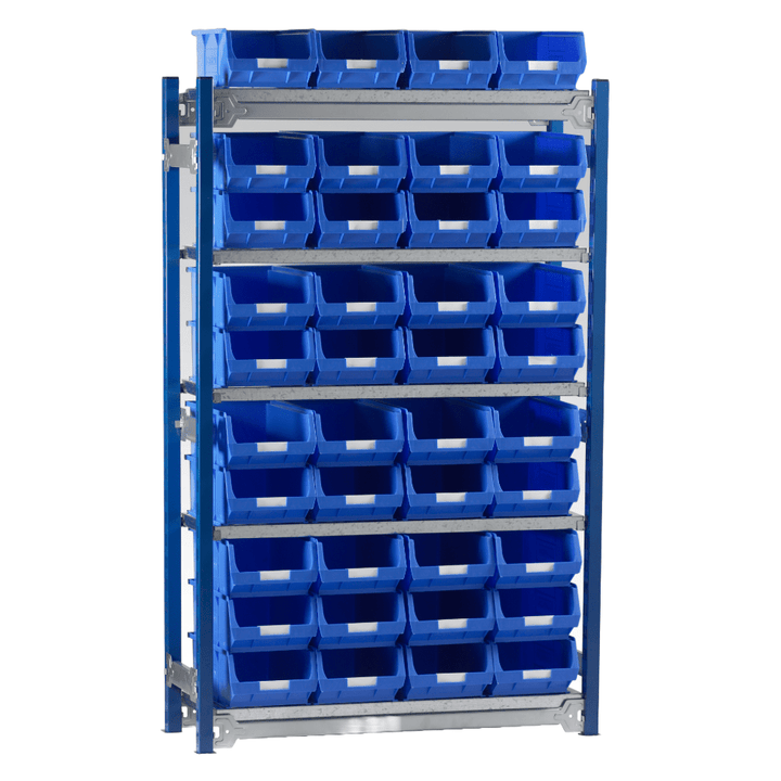 Standard Shelving Bay over a white background. Blue vertical pillars, grey horizontal shelves with 40 x TC4 Storage Bins in blue sitting 4 across. The bottom shelf has bins stacked 3 tell, the 2nd, third and fourth shelves are 2 tall and the top shelf has a layer of single bins.